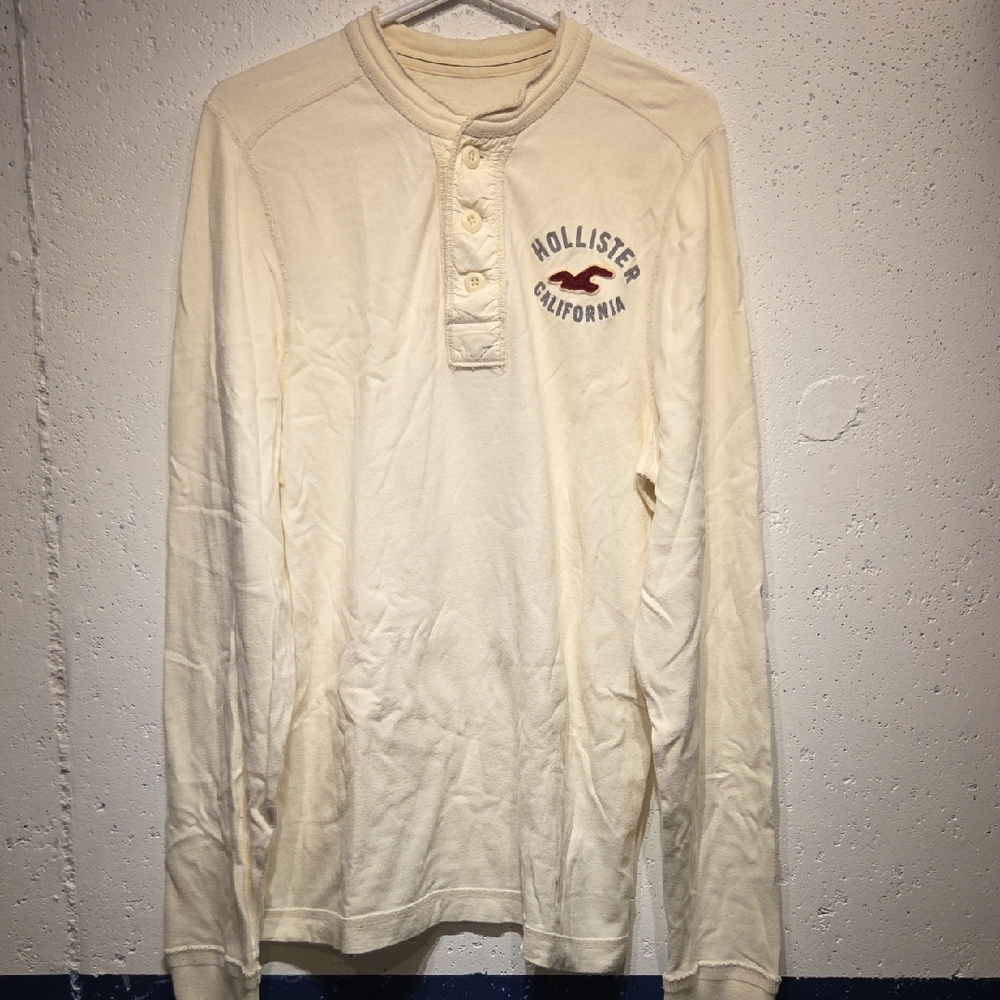 Hollister Men's Off-White 3/4 Button Henley Long Sleeve (XL)
